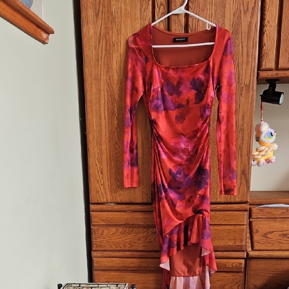 Express Vibrant Red and Purple Long Sleeve Dress